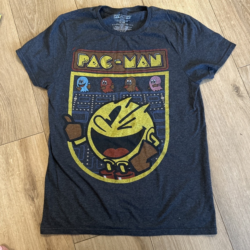 PAC MAN Shirt Men's Small Gray Video 80s 90s Old School‎ Arcade Game Wink